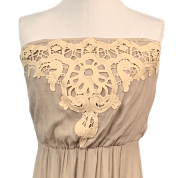 LC Lauren Conrad Maxi Dress Strapless Gauze Embroidery Women’s Size S Taupe Gray - Picture 4 of 16